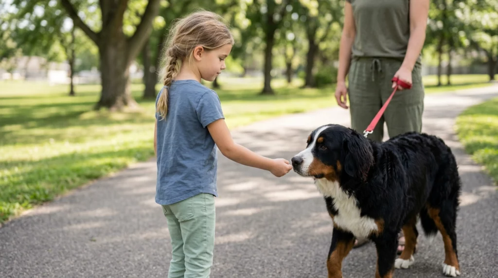 A young girl calmly offering her hand for a Bernese Mountain Dog to sniff in a park, demonstrating safe greeting techniques.