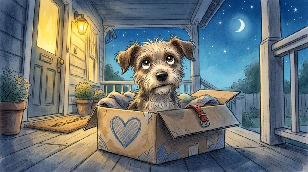 A warm storybook illustration of a hopeful rescue dog sitting in a box on a cozy porch under a starry night sky.