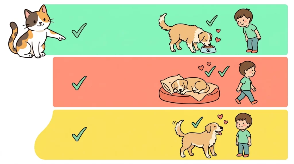 A playful illustrated guide showing kids when to give dogs space, like during meals and naps.