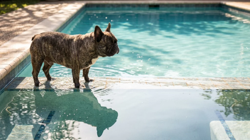 A brindle French Bulldog standing hesitantly on the shallow step of a swimming pool.