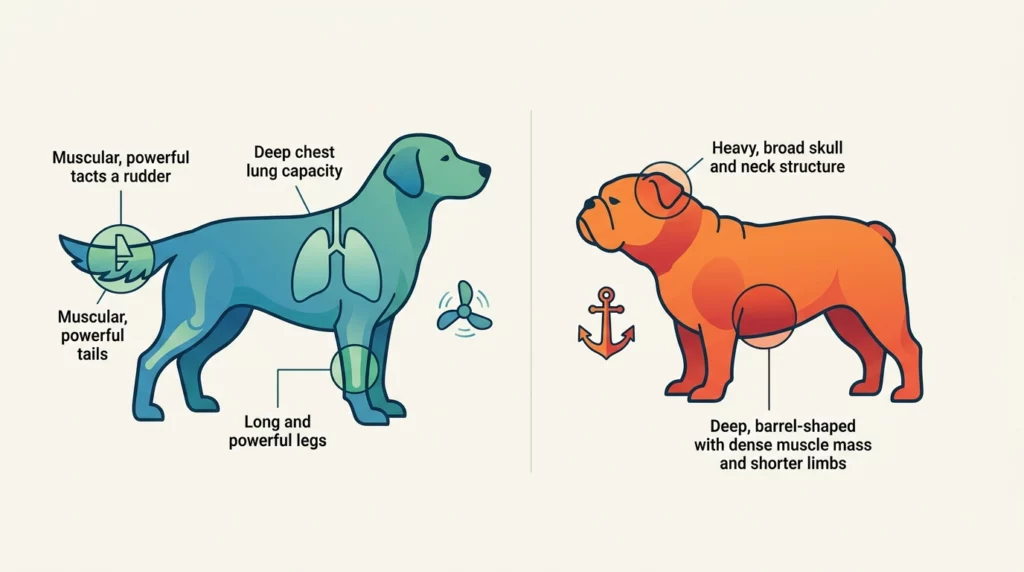 A simple vector diagram comparing the swimming-friendly anatomy of a retriever to the sink-prone anatomy of a bulldog.