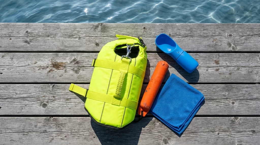 A top-down flat lay of dog safety gear including a neon yellow life jacket, floating toy, and towel on a wooden dock.