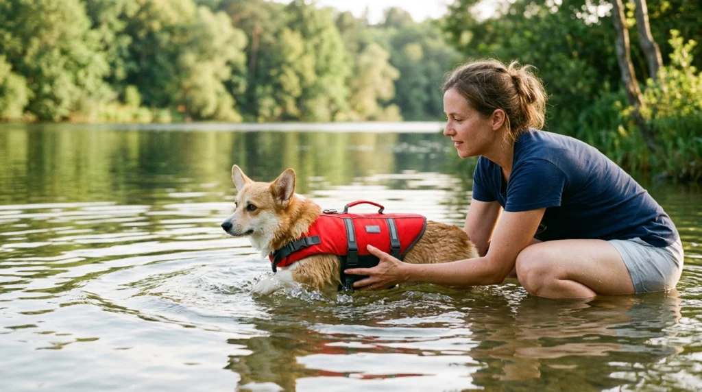 An owner supporting a Corgi in a red life jacket during a gentle swimming lesson in a calm lake.