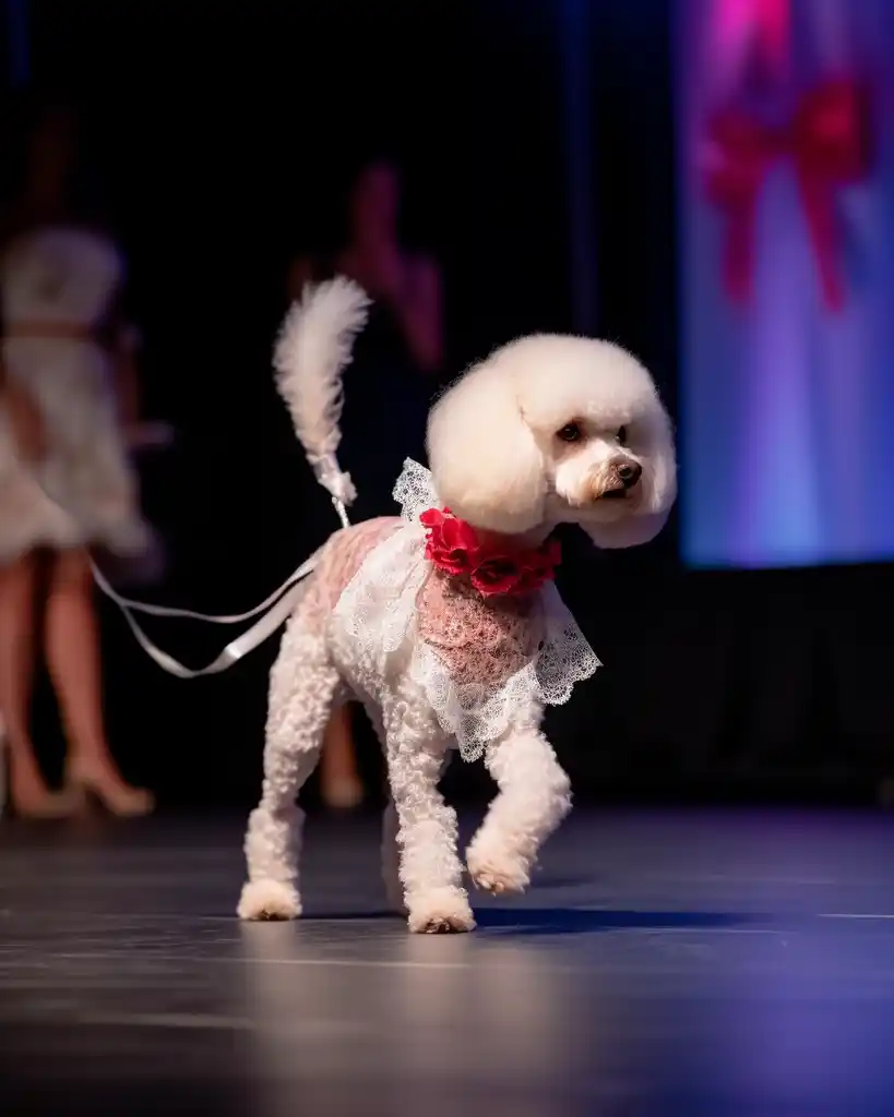 A fashionable Bichon Frise runway look 1