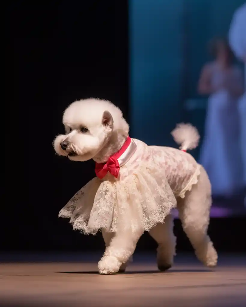 A fashionable Bichon Frise runway look 6