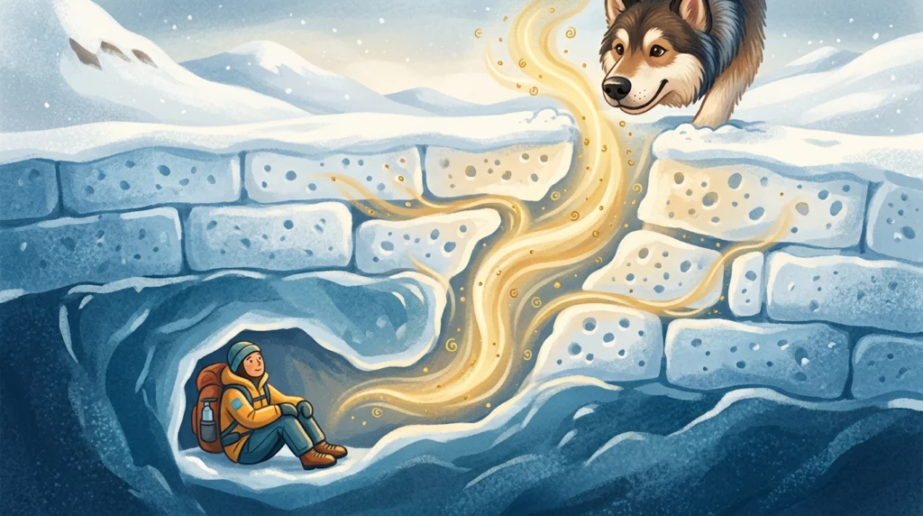 Storybook cross-section illustration showing warm scent waves rising through porous snow to the surface.