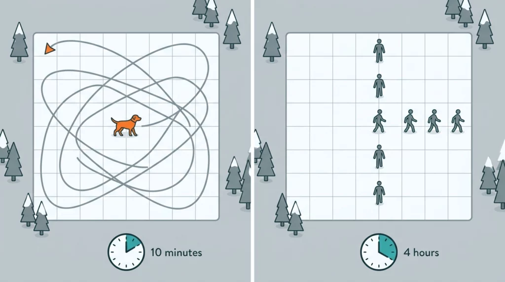 Simple visual comparison showing a dog's fast, sweeping search path versus a slow, linear human search party.