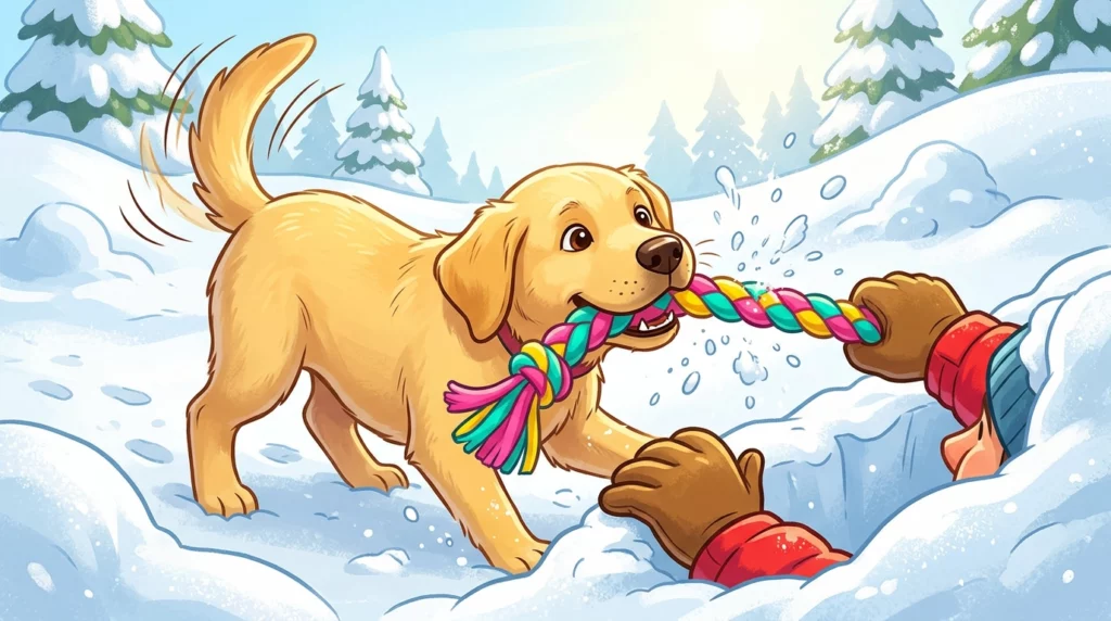 Playful illustration of a happy yellow Labrador puppy tugging a colorful toy with a trainer in a snow pit.