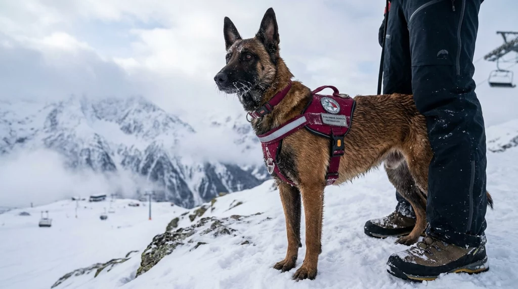 A professional Belgian Malinois search-and-rescue dog standing on a snowy mountain ridge.