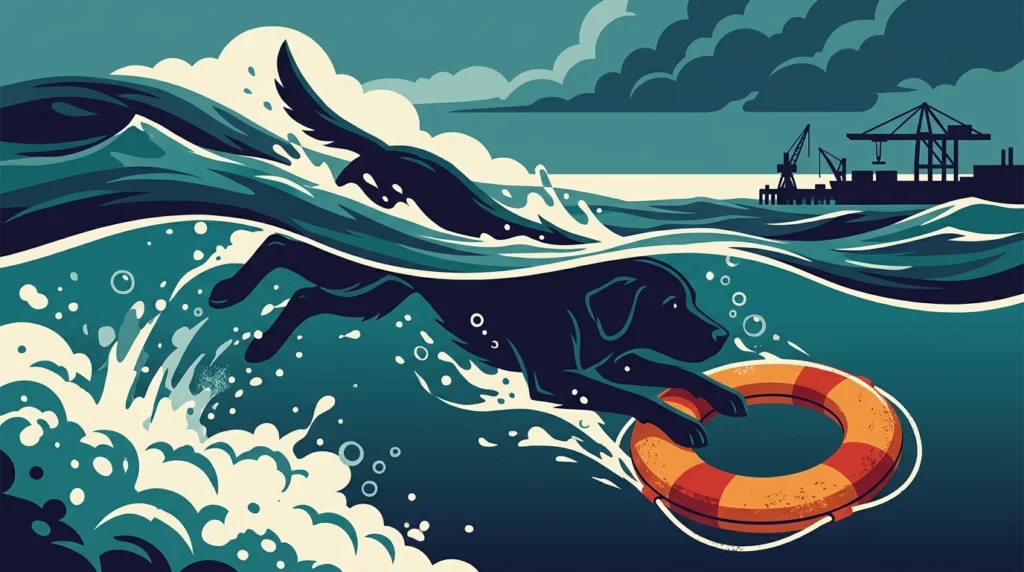 Playful editorial illustration of a brave black retriever diving headfirst into churning ocean waves to rescue a vintage lifebuoy.