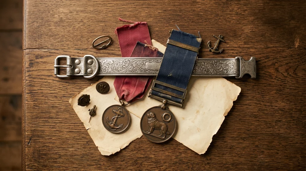 An overhead flat lay of vintage-style bronze medals, an antique silver dog collar, and historical ephemera on a dark wooden table.