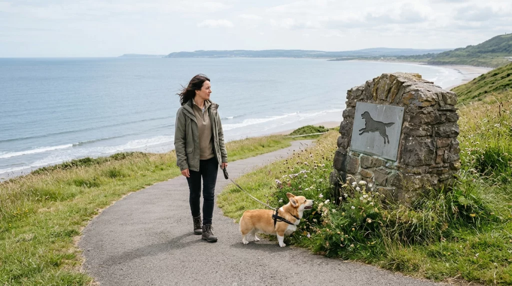 A modern dog and owner pausing by the stone Swansea Jack memorial on a grassy bank overlooking the Welsh coast.