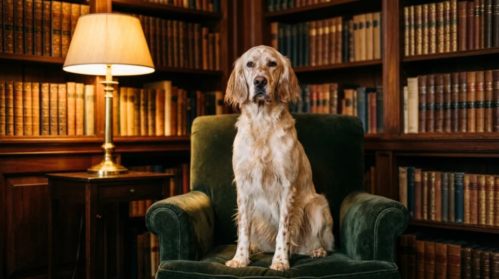 A dignified English Setter sitting upright in a leather armchair in a cozy, book-lined study, looking intelligent and thoughtful.