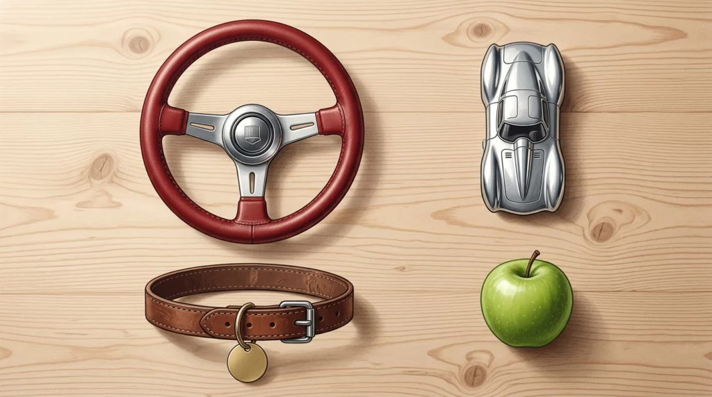 A clean flat lay of a vintage leather dog collar, a small silver toy race car, and a classic steering wheel on a light wood desk.