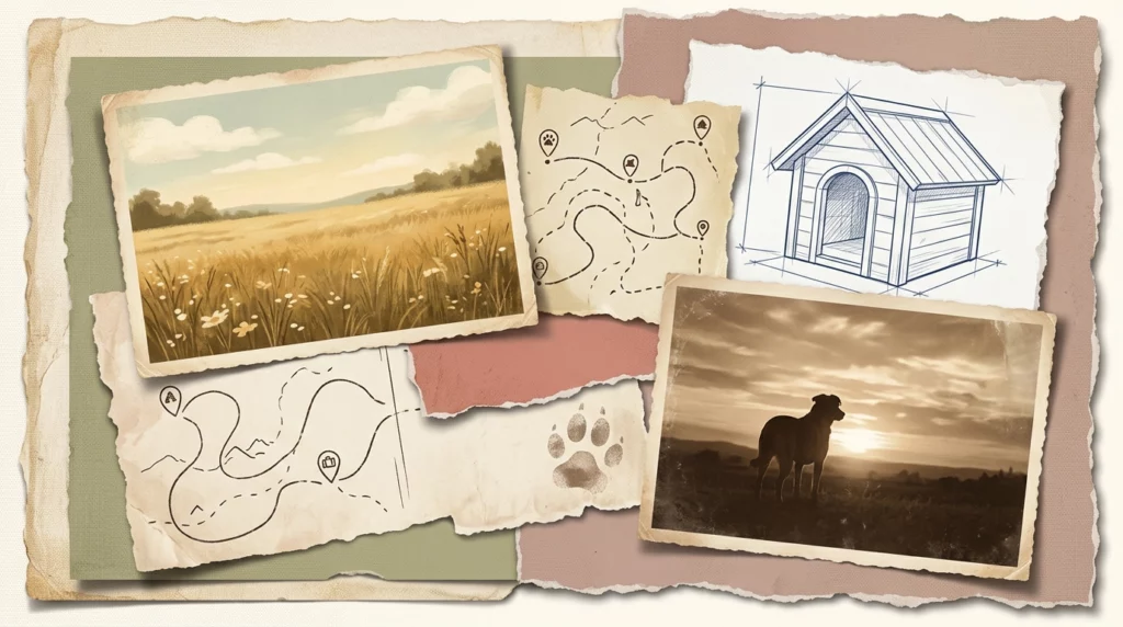 A nostalgic paper collage of a dog silhouette, a vintage meadow postcard, and a hand-drawn map representing a dog's journey through multiple lives.