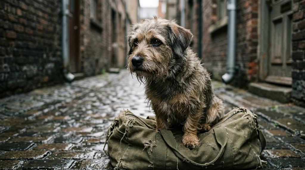 A scruffy wirehaired terrier sits patiently on a worn canvas bag in a quiet, rain-dampened city alley.
