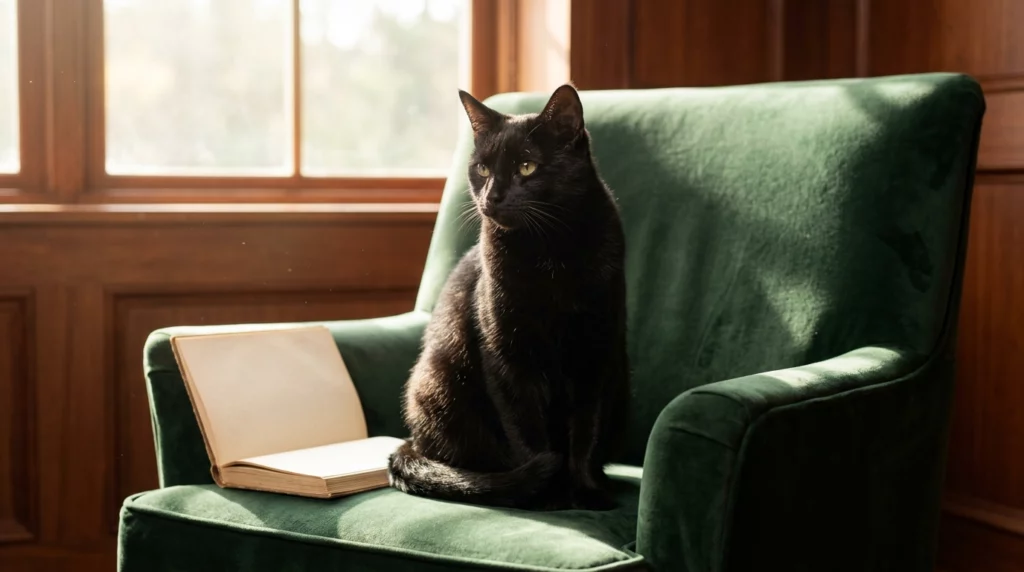 A sleek black cat sits regally on a green velvet armchair next to an open vintage book in a sunlit study.
