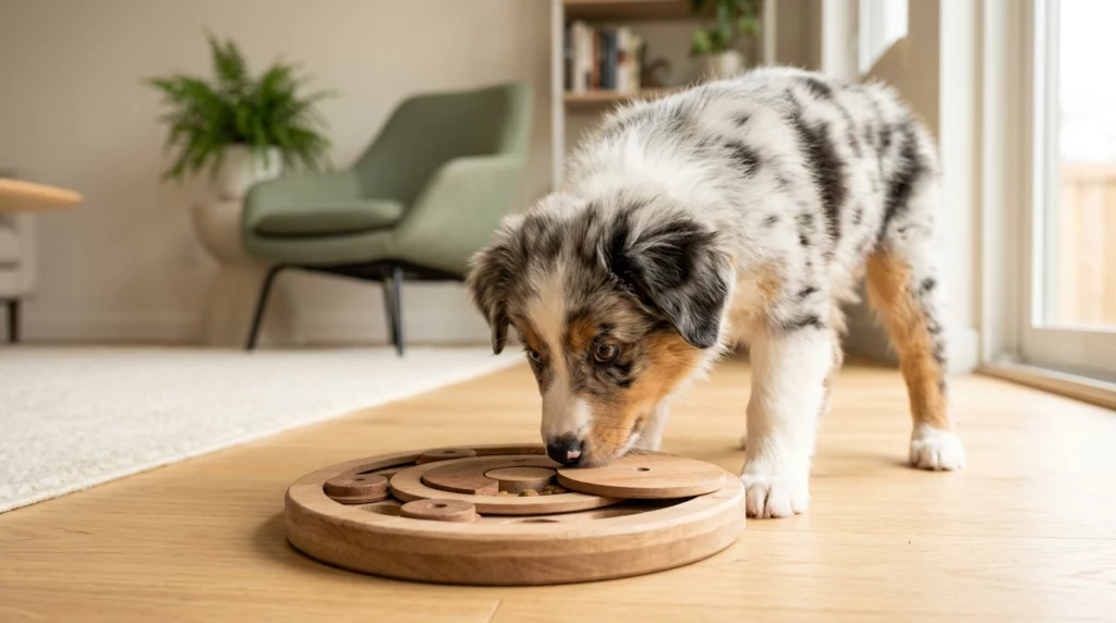 An Australian Shepherd puppy focused on solving a wooden puzzle toy in a sunny room.