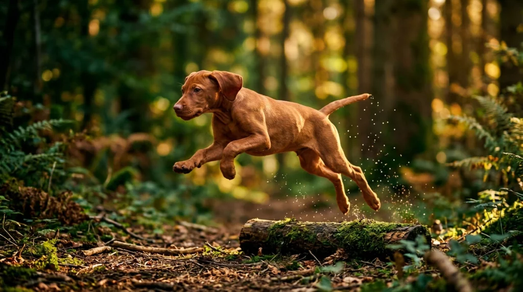 A golden-brown Vizsla puppy leaps over a log on a sunlit forest trail.