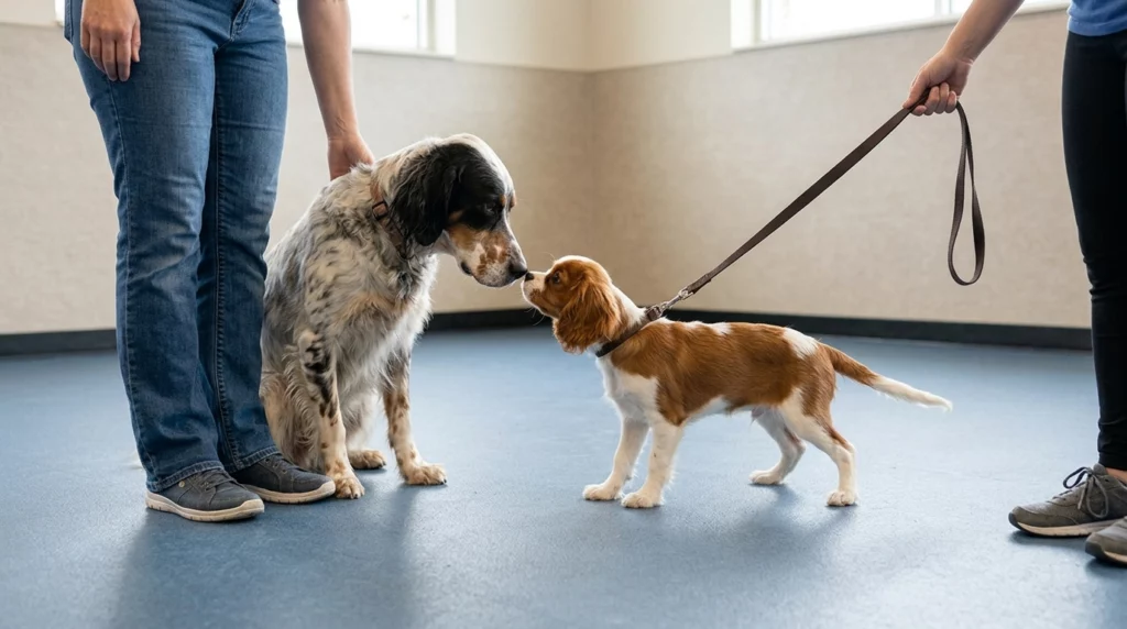 A small puppy safely and calmly sniffing noses with a mature English Setter in a training room.