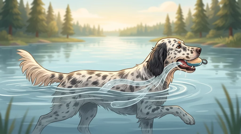 Storybook illustration of an English Setter swimming with a toy, showing how water can slip into the mouth.