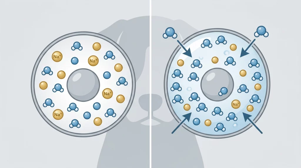 A simple diagram illustrating healthy balanced cells versus swollen, water-diluted cells.