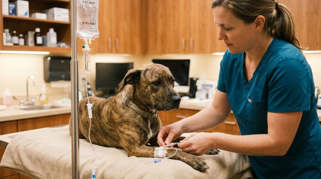 A veterinarian carefully administering a treatment to a calm dog on an exam table.