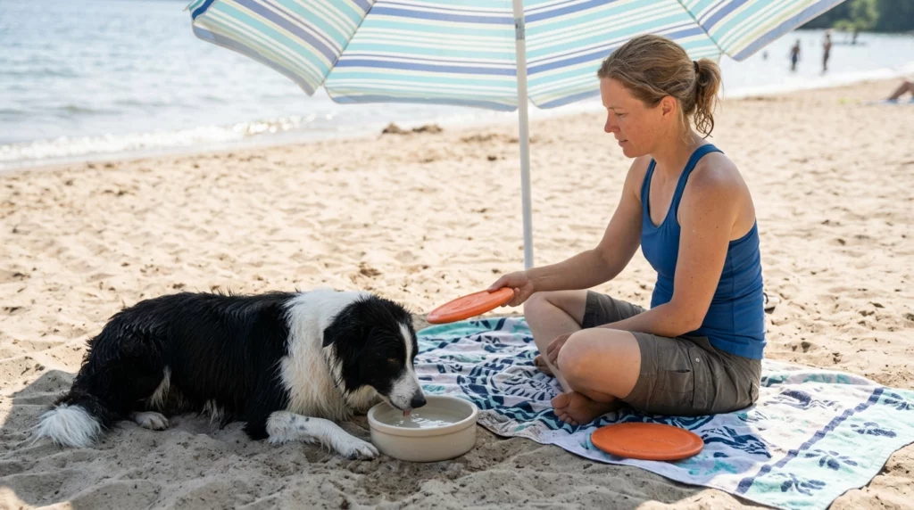 A dog resting in the shade with its owner on a beach towel next to a safe water bowl and flat toy.