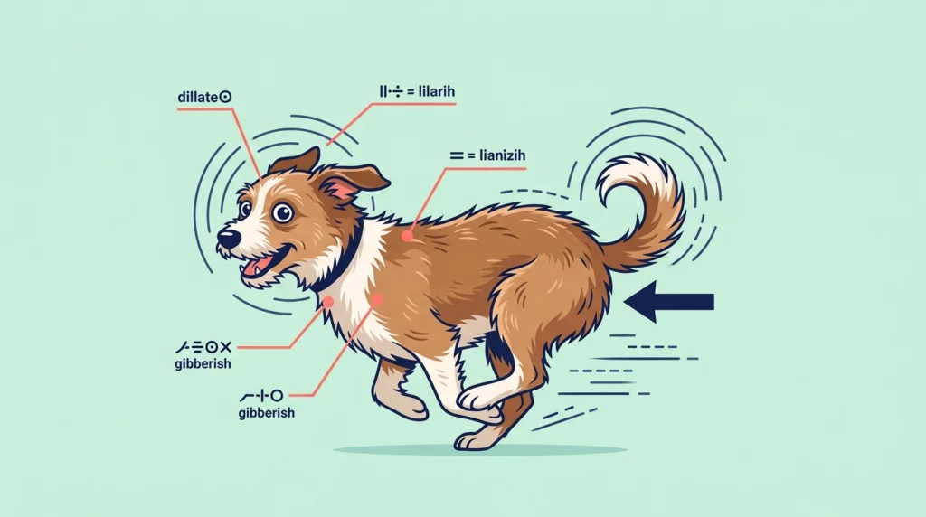 A clean, playful diagram illustrating a dog in a 'butt-tuck' zoomie posture with colorful abstract pointers.
