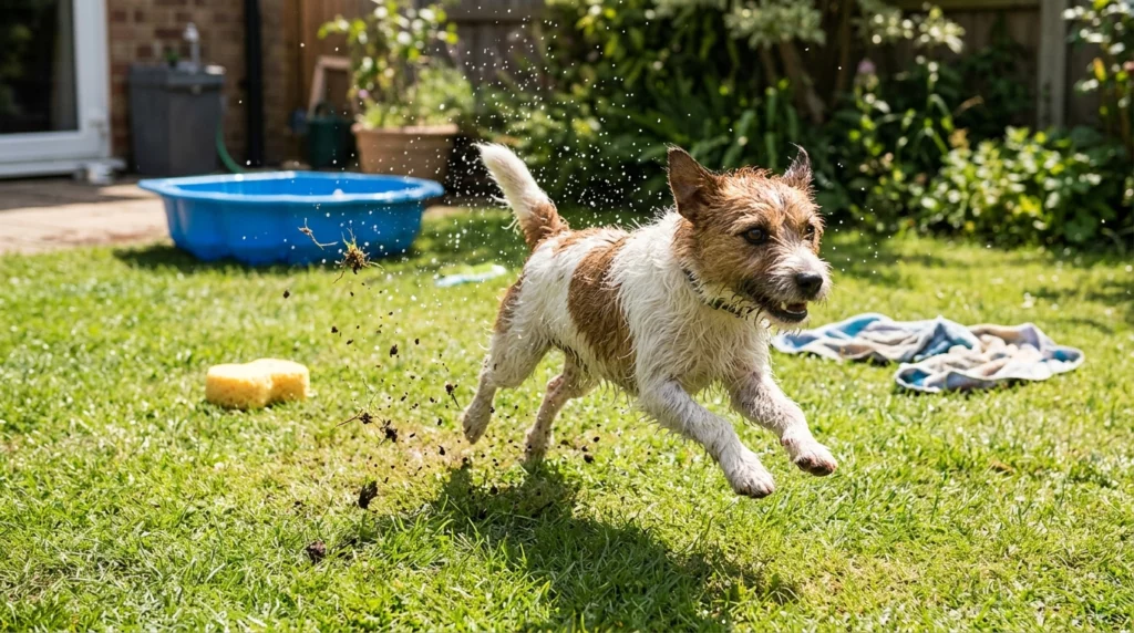 A damp, scruffy dog bolting joyfully across a sunny backyard lawn with water droplets flying off its coat.