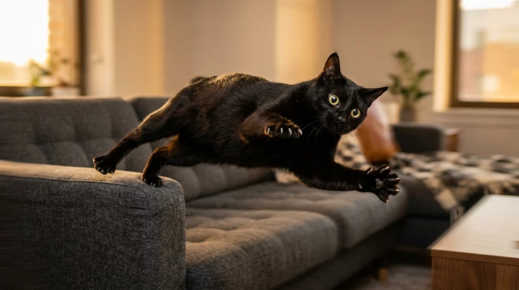 A sleek black cat captured mid-leap as it jumps sideways off a couch in a sunlit living room.