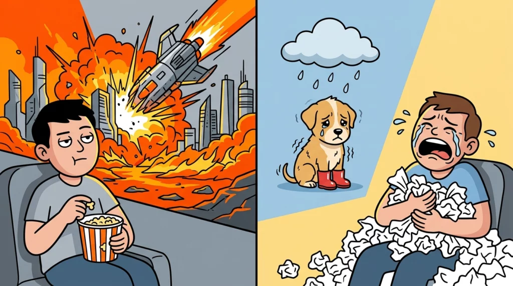 A humorous split-screen illustration showing a person bored during a massive movie explosion on the left, but sobbing over a wet puppy under a raincloud on the right.