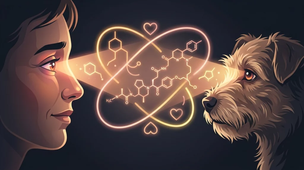 A clean, textless diagram showing a glowing loop of light and chemical shapes connecting the eyes of a stylized human and a dog.