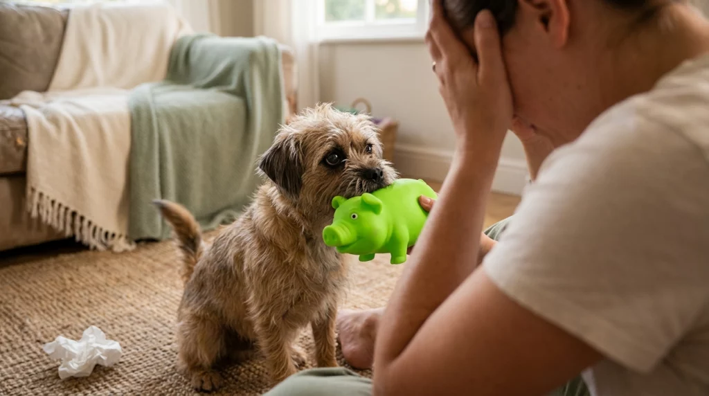 A candid photo of a scruffy dog offering a squeaky toy to its human who is sitting on the floor with their head in their hands.
