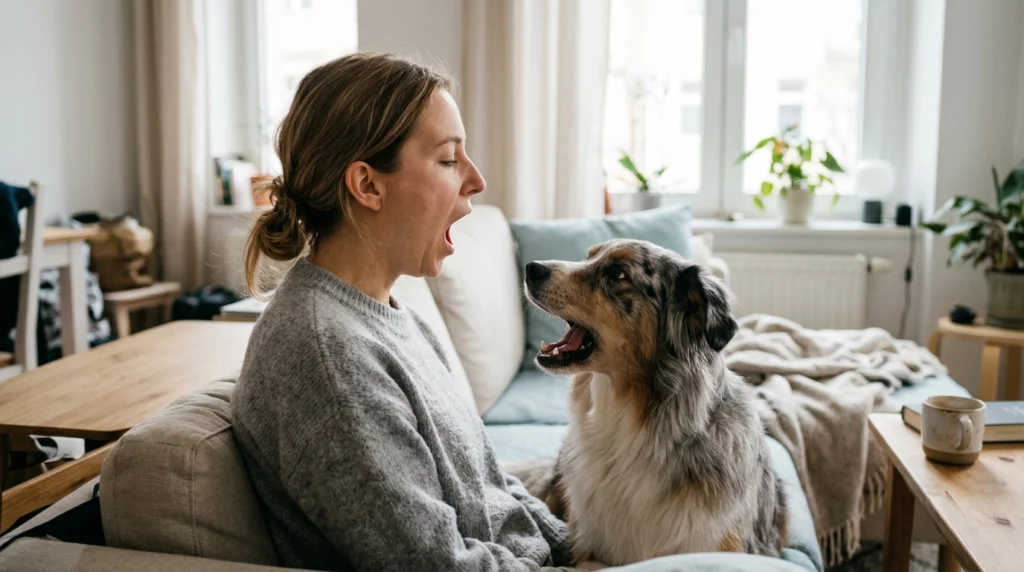 A candid photo of a person yawning on their living room floor next to their dog, who is beginning to mimic the yawn.