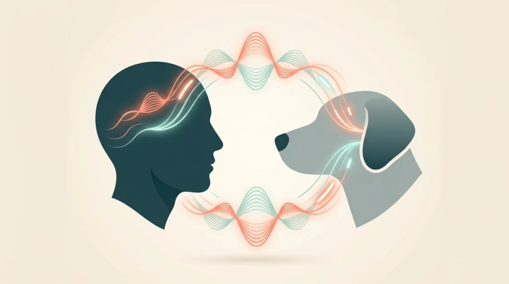 A clean, textless diagram showing abstract glowing waves of connection between a stylized human profile and a dog profile.