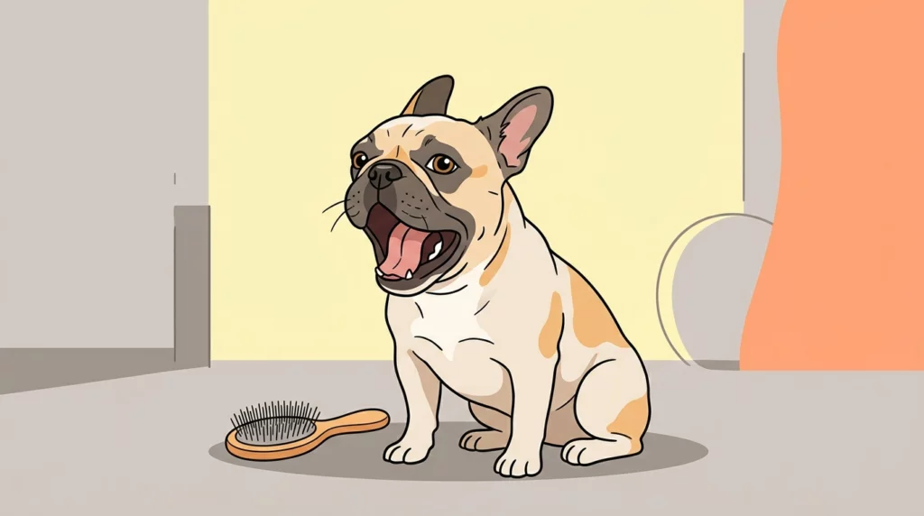 An illustration of a worried French Bulldog yawning next to a brush, showing a classic canine calming signal.