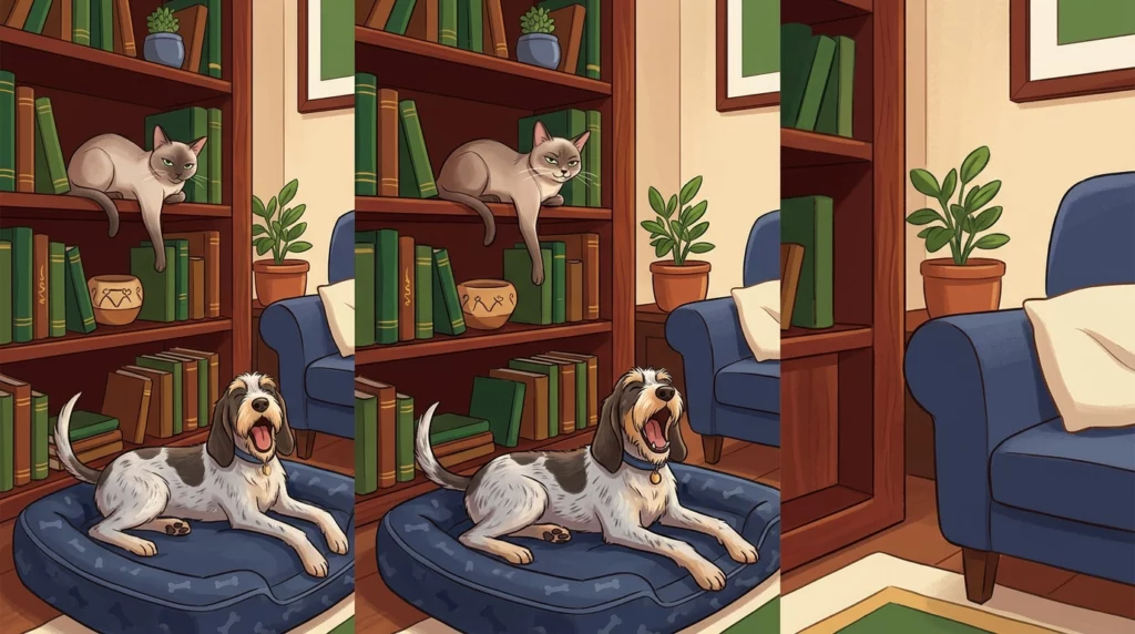 An editorial illustration of a smug cat looking down from a high shelf at a goofy dog yawning dramatically below.