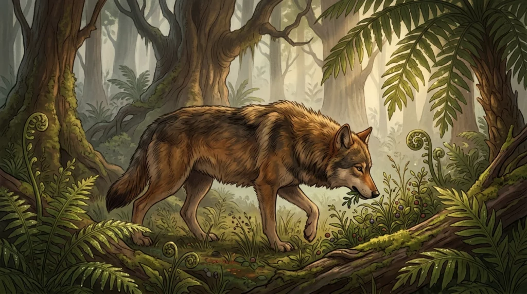 A storybook illustration of a wild canine ancestor tasting wild plants in an ancient misty forest.