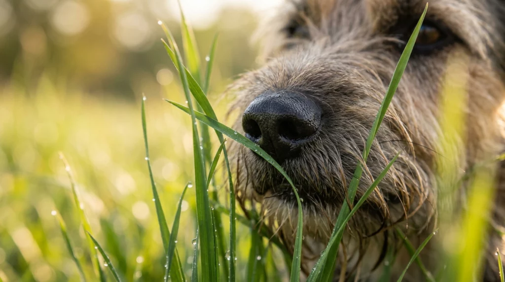 A detailed close-up of a dog's nose sniffing and selecting fresh green grass wet with morning dew.