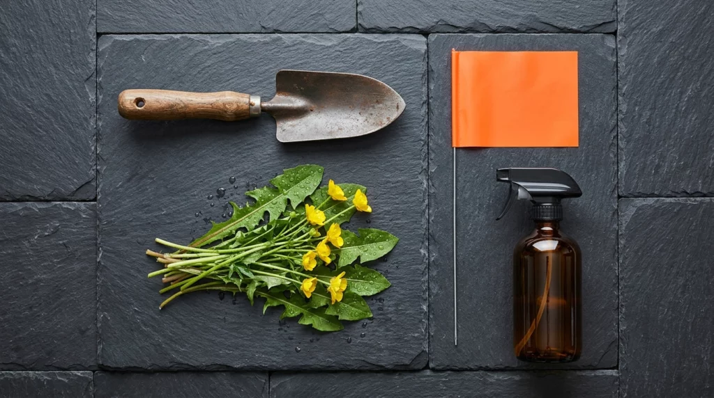 A clean overhead flat lay of garden tools, weeds, and a spray bottle representing yard safety.