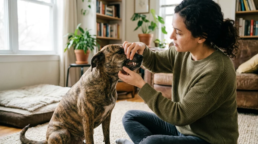 An owner gently checking their dog's mouth at home to ensure no grass is stuck in its gums.
