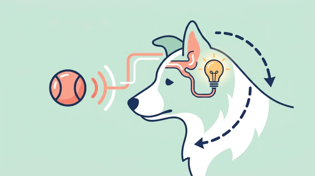A clean vector infographic showing the connection between a dog hearing a word and their brain triggering a head tilt.