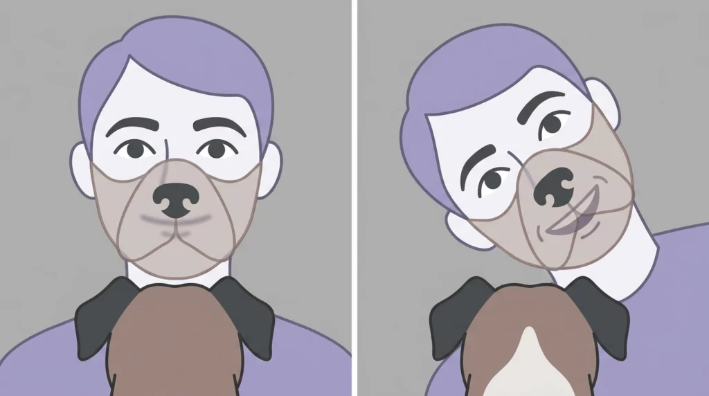 A side-by-side graphic showing how a dog's snout blocks their view of a human's mouth, and how tilting the head clears the view.
