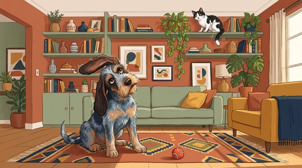 A colorful illustration of a floppy-eared blue griffon dog tilting his head on the floor while a cat watches skeptically from a high bookshelf.