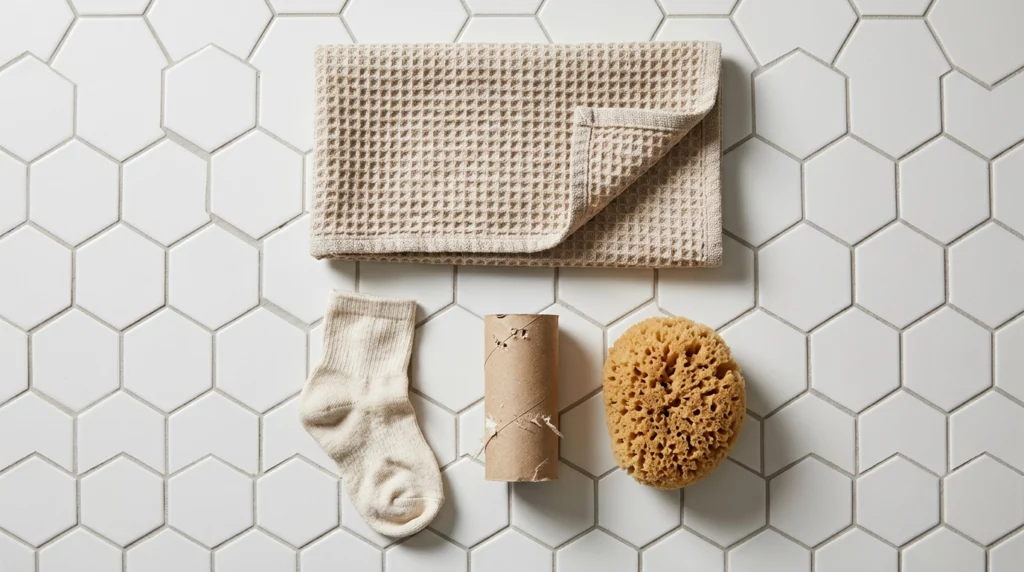A flat lay of bathroom items dogs love to sniff, including a towel, a sock, and a cardboard tube.