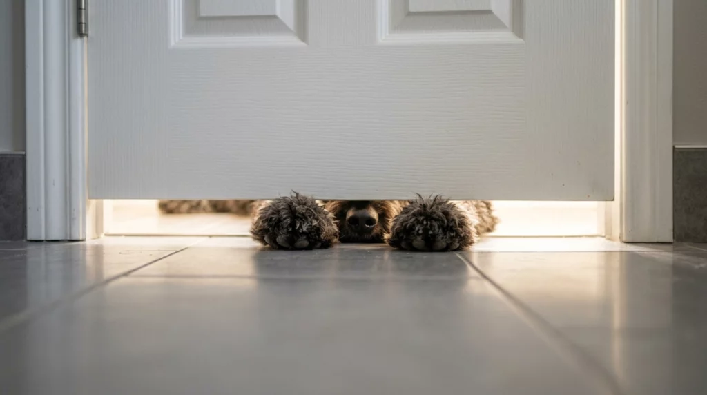 A low-angle view of two dog paws and a nose peeking under a closed bathroom door.