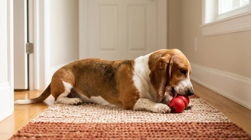 A Basset Hound happily distracted by a food-stuffed toy on a rug outside a bathroom.