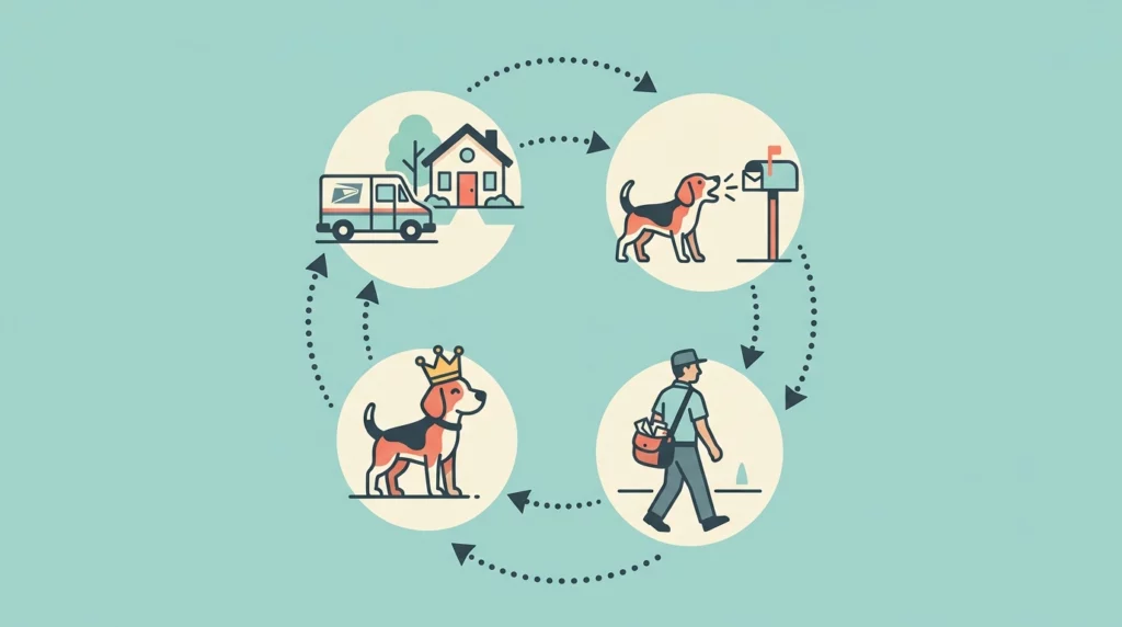 A minimalist circular diagram showing a mail carrier approaching, a dog barking, the carrier walking away, and the dog celebrating its victory.