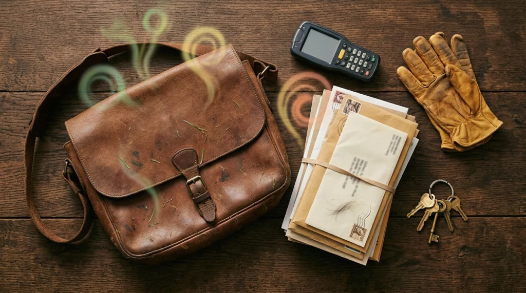 A flat lay of mail carrier gear including a leather satchel, letters, a scanner, and gloves with subtle colorful scent waves.